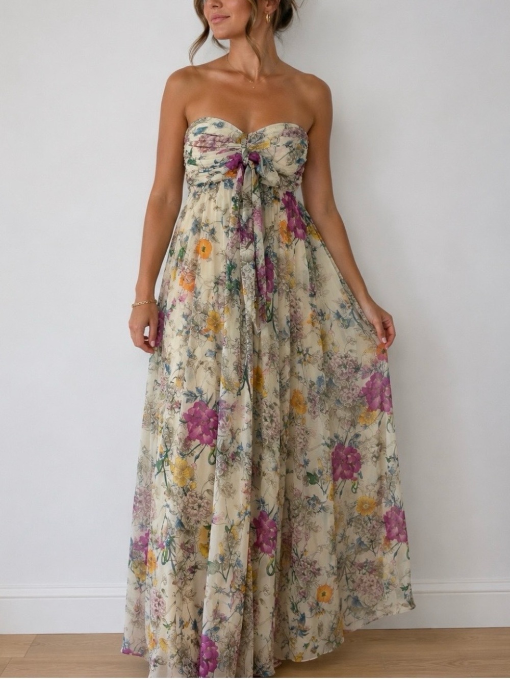 H&M Strapless Botanical print self Tie Halter Maxi Dress in Flowers